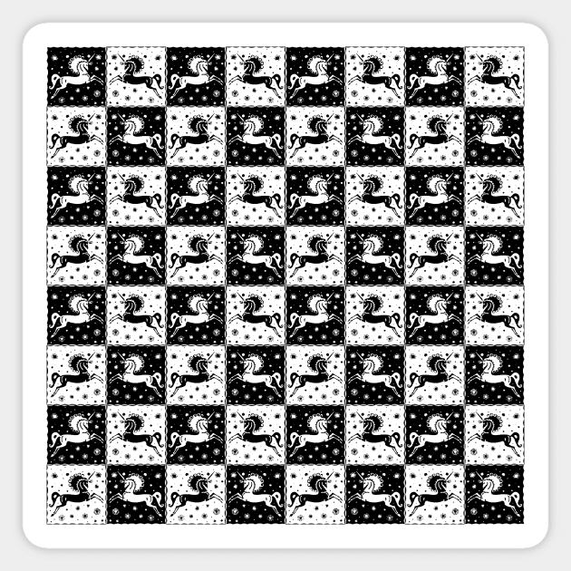 Vintage Retro Pretty Star Unicorn Checkerboard Fantasy Black and White Pattern Sticker by pelagio